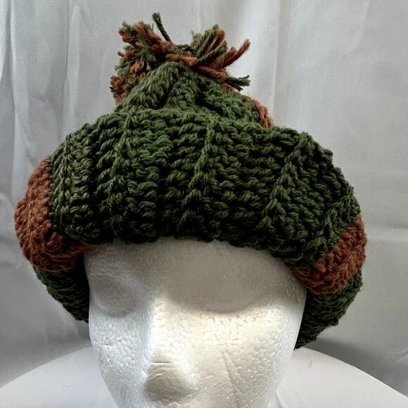 Handmade Accessories - Crochet large green and brown stocking hat cap handmade nwot unisex 13" x 12"